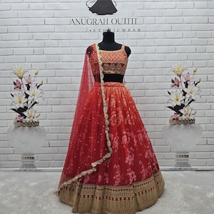 Orange Organza Lehenga Choli: Indian Wedding Party Wear, Floral Print