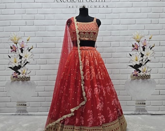 Orange Organza Lehenga Choli: Indian Wedding Party Wear, Floral Print