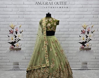 Pista Green Net Lehenga Choli: Sequins Embroidery Wedding Party Wear