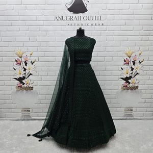 Green Georgette Lehenga Choli: Resham & Sequins Embroidery, Indian Partywear