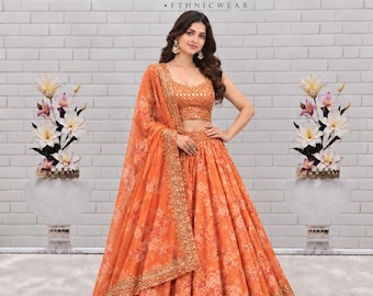 Orange Organza Lehenga Choli: Floral Print Indian Wedding Lengha