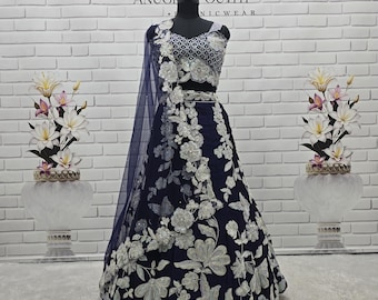 Blau Kasturi Seide Lehenga Choli: Regenbogen Pailletten, Dori Arbeit