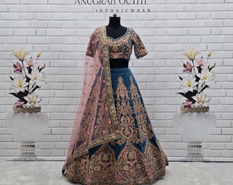 Conjunto de lehenga choli de terciopelo azul, traje de boda indio con bordado de zari