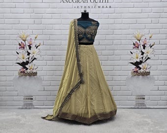 Beige Gold Silk Lehenga Choli, Green Embroidered Blouse, Indian Wedding Dress, Ethnic Wear
