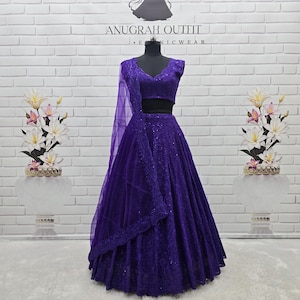 Purple Georgette Lehenga Choli Set: Sequin Threadwork, Party Wedding Wear