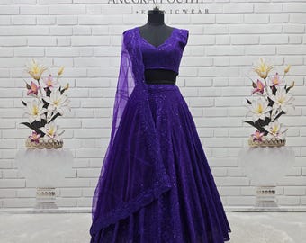 Purple Georgette Lehenga Choli Set: Sequin Threadwork, Party Wedding Wear