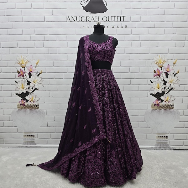 Purple Georgette Lehenga Choli Set: Embroidered Indian Partywear