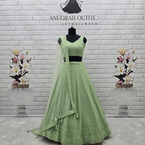 Mint Green Georgette Lehenga Choli With Sequins Embroidery Work And Net Dupatta For Women Or Girls , Wedding Lehenga , Ethnic Wear Lehenga