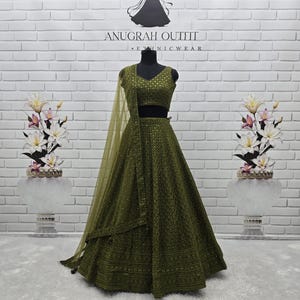 Druhna Lehenga Mehndi Zielona Georgette Lehenga Choli dla kobiet lub dziewcząt Gotowa do noszenia Miękka siateczka Indyjska odzież ślubna na imprezę Lengha Choli
