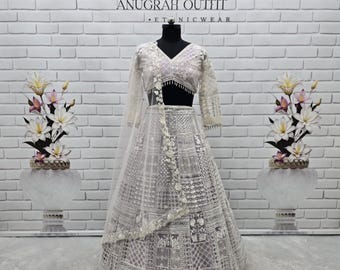 Pastel Lavender Lehenga Choli, Embroidered Net Pakistani Indian Bridal Ghagra