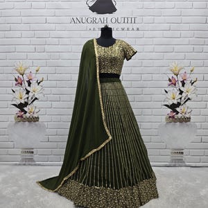 Zielona żorżetowa lehenga choli: cekiny, haft Zari, etniczna odzież damska