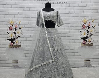 Embroidered Grey Silk Lehenga Choli: Indian Bridal Wear
