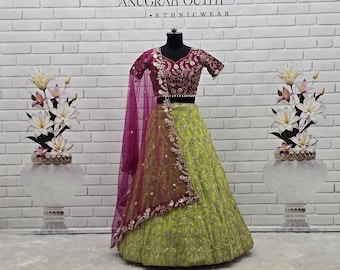 Lehenga Choli de Georgette Verde: Lentejuelas y Dori Work, Ropa de Fiesta India