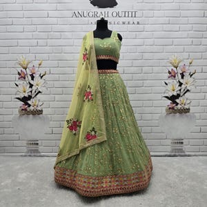 Pista Green Georgette Lehenga Choli Set: Floral Print Organza Dupatta
