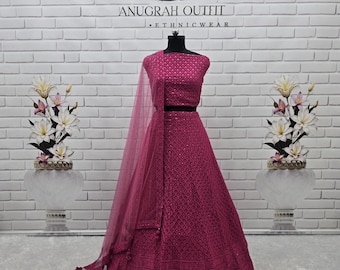 Pink Georgette Lehenga Choli, Sequins Embroidery, Indian Outfit