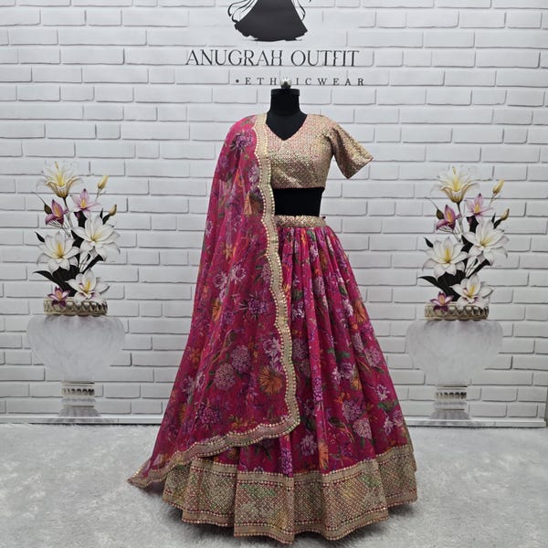 Floral Print Lehenga Choli Set: Organza Wedding Party Wear