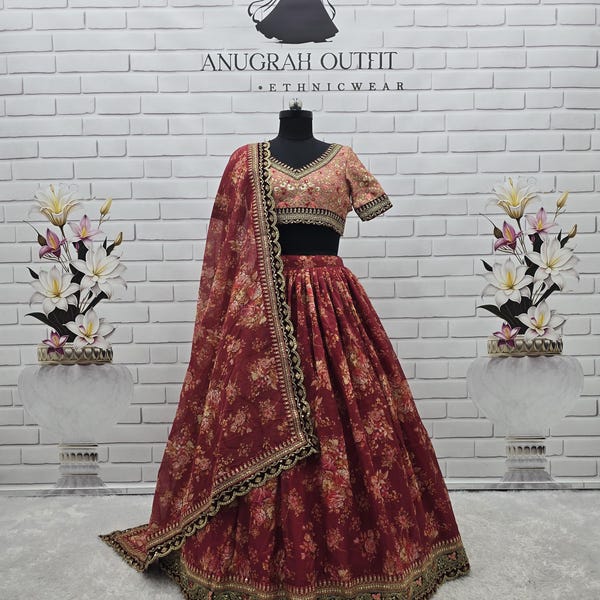 Red Khadi Organza Lehenga Choli: Floral Print, Dori Embroidery