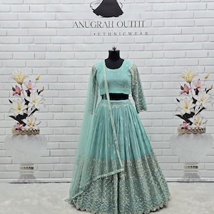 Sky Blue Georgette Lehenga Choli With Soft Net Dupatta For Women, Traditional Indian Outfit for Celebrations, Bridal, and Festive Events