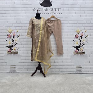 Conjunto de salwar de seda beige bordado, vestido pakistaní con lentejuelas, traje étnico tradicional para mujer, kameez para fiestas festivas, traje de 3 piezas