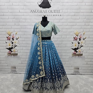 Rama Blue Georgette Lehenga Choli: Zari Embroidery Wedding Party Wear