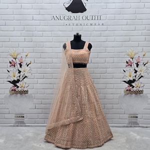Peach Sequin Net Lehenga Choli: Indian Wedding Outfit
