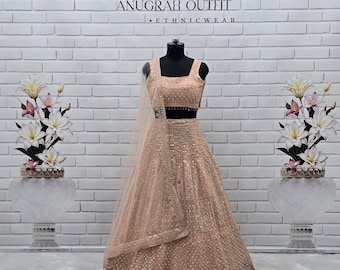 Peach Sequin Net Lehenga Choli: Indian Wedding Outfit
