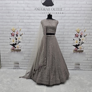 Indian Wear Grey Georgette Lehenga Choli for Wedding, Indian Partywear Lehenga Choli Set for Women, South Asian Wedding Lehenga Choli