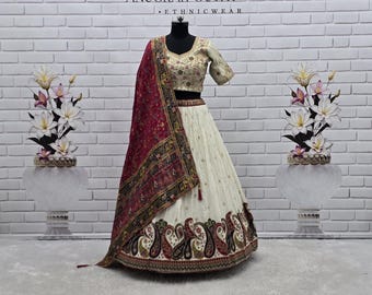 White Embroidered Dola Silk Lehenga Choli Set, Ethnic Wear Special Occasions Lehenga