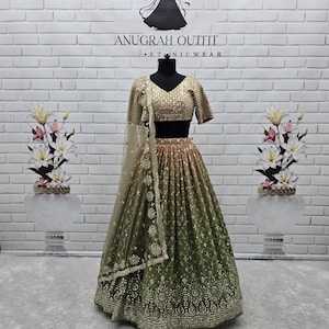 Reception Wear Mehndi Green Georgette Lehenga Choli Set With Zari And Multiple Sequins Embroidery Work And Dupatta For Women, Lehengas