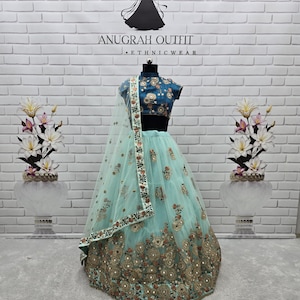Sky Blue Net Lehenga Choli: Sequins Embroidery Indian Designer Dress
