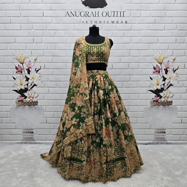 Green Organza Lehenga Choli: Floral Print Indian Wedding Party Wear