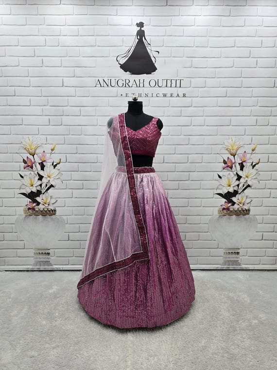 Pink Satin Lehenga Choli: Sequins Embroidery, Net Dupatta
