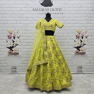 Green Slub Silk Lehenga Choli: Indian Wedding Zari Embroidery