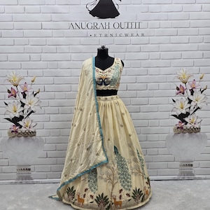 Cream Chinon Silk Lehenga Choli: Embroidered Indian Party Wear