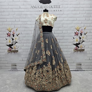 Lehenga de red suave con efecto espejo: blusa de seda artística, prenda para recepción de boda