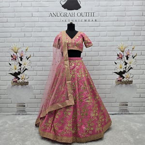 Pink Slub Silk Lehenga Choli: Zari, Sequin & Dori Embroidery