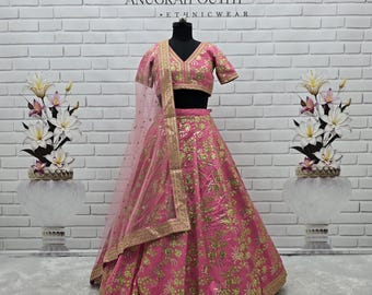 Lehenga Choli rosa em seda slub com bordado de lantejoulas, traje indiano para casamento e recepção.