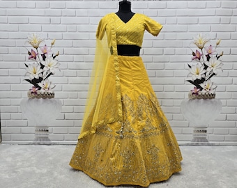 Yellow Art Silk Lehenga Choli: Ethnic Wear Haldi Special Occasions Outfit For Women