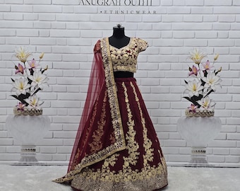Lehenga Choli de seda cruda color granate con dupatta bordada, vestido para fiesta de boda