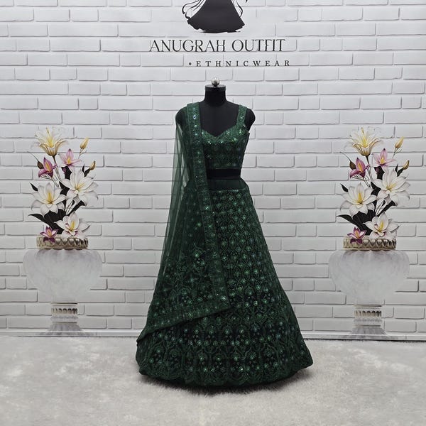 Emerald Green Net Lehenga Choli: Embroidered Wedding Party Wear