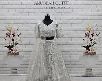 White Georgette Lehenga Choli Set: Bollywood Embroidery Sequins Wedding Wear