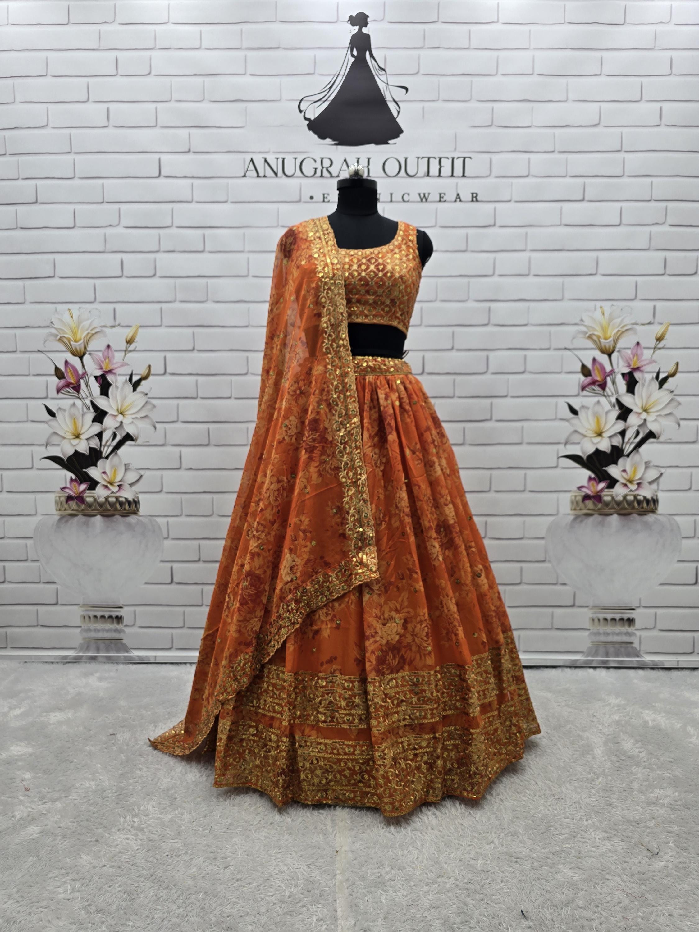 open lace back dress Mifra Handpainted Organza Lehenga Set main image 0