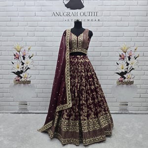 Indian Wear Marron Dola Silk Lehenga Choli For Women, Indian Partywear Lehenga Choli Set For Women, South Asian Wedding Lehenga Choli