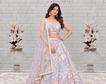 Lavender Sequin Embroidered Lehenga Choli: Soft Net Indian Partywear