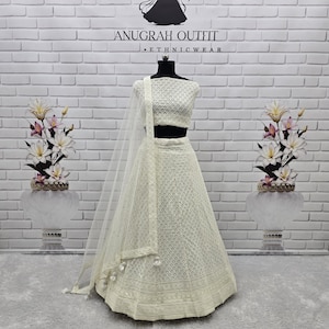 Designer White Georgette Lehenga Choli With Sequins Embroidery Work And Dupatta For Women, Readymade Bollywood Party Wear Lehengas Choli
