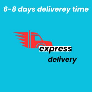 Puede incluir: Gráfico de un camión rojo con líneas de velocidad, que representa la entrega urgente. Las palabras "express delivery" están debajo del camión, y "6-8 days delivery time" arriba, todo sobre un fondo azul brillante.