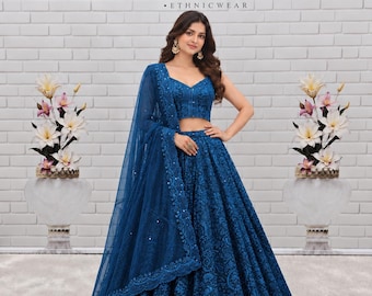 Teal Georgette Lehenga Choli: Indian Wedding Party Wear - Sequence & Thread Work
