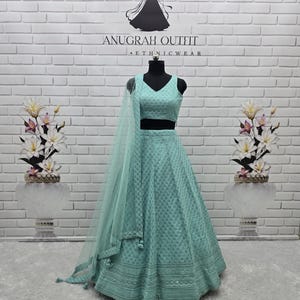 Sky Blue Georgette Lehenga Choli: Resham & Sequins Embroidery, Indian Wedding Wear