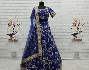 Navy Blue Art Silk Lehenga Choli | Gold Zari Embroidery Indian Wedding Guest Outfit