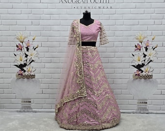 Light Pink Sequin Lehenga Choli, Custom Stitched Indian Wedding Outfit